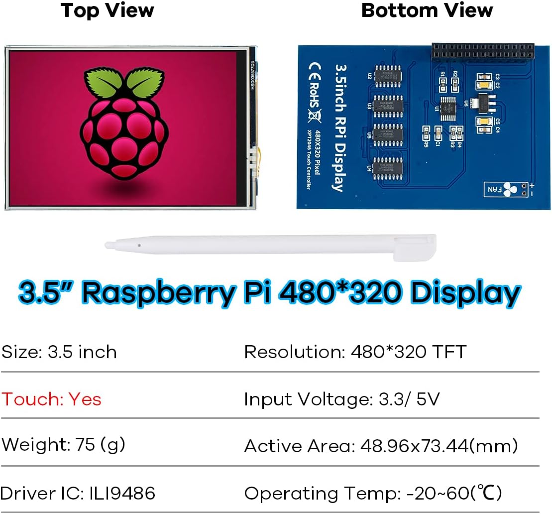 3.5 Inch 480x320 Touch Screen TFT LCD SPI Display Panel for Raspberry Pi B, B+, 2B, 3B, 3B+,4B, 5