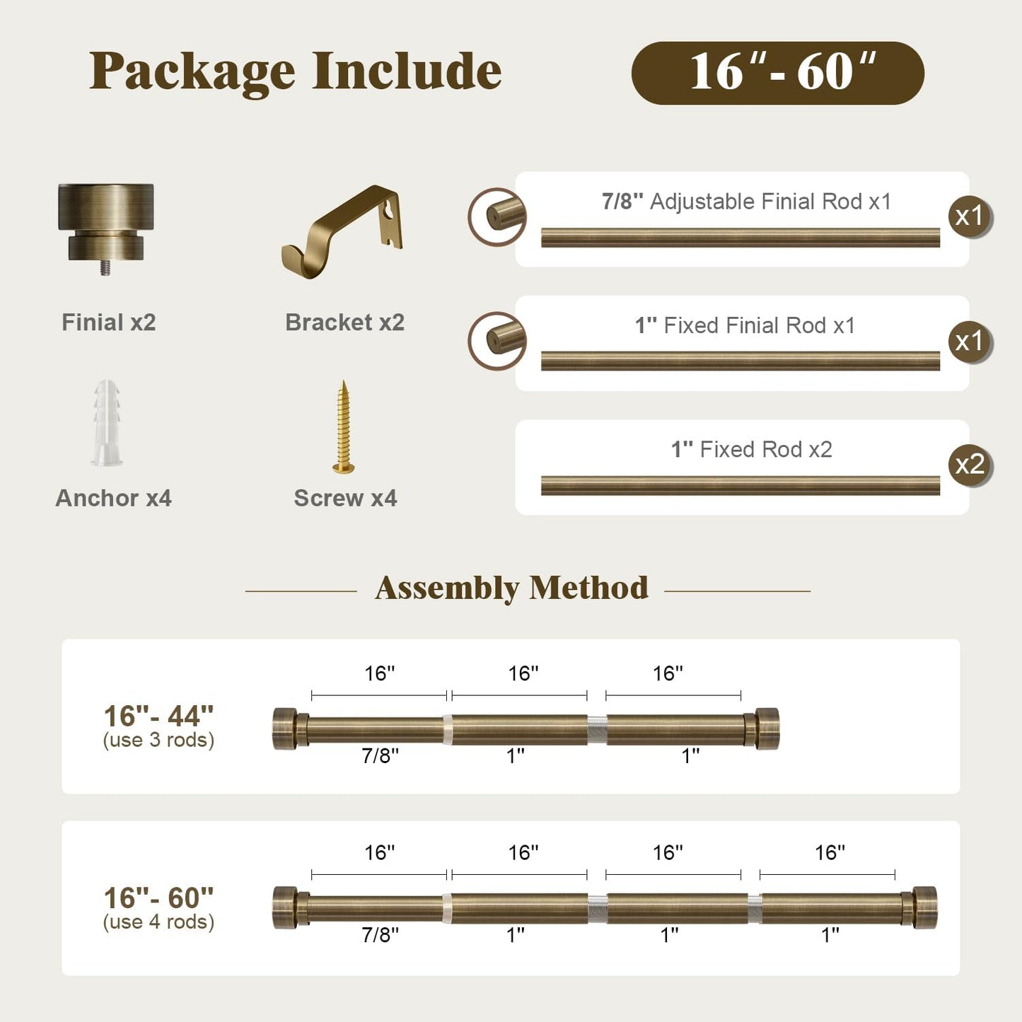 Oneach Heavy Duty Curtain Rods for Windows 28 to 48 Inch, 1 Inch Antique Bronze Curtain Rod, Adjustable Length Rod with Metal Finials, Modern Decorative for Bedroom Kitchen Living Room(16 to 60 Inch)