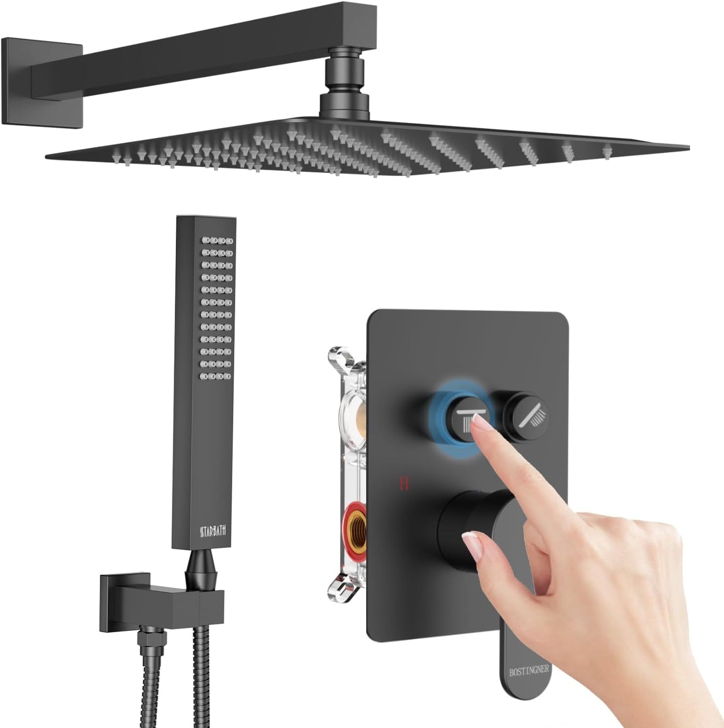 Rainfall Shower System with Handheld Spray and 12" Rain Shower Head, Can Be Use at Same Time, Push Button Multi Shower Head System for 2 People, Matte Black