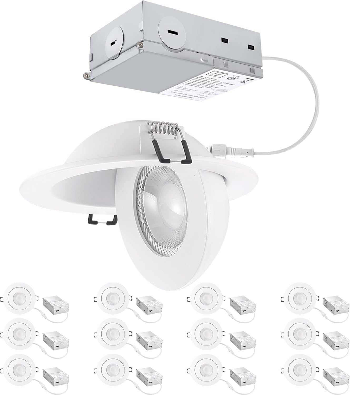 4 inch LED Gimbal Recessed Light, 9W 750lm Eyeball Sloped Ceiling Task Lighting, Soffit Wafer Indoor Directional Lighting, 90° Tilt and 360° Rotation Recessed Lighting 4 inch White 12Pack
