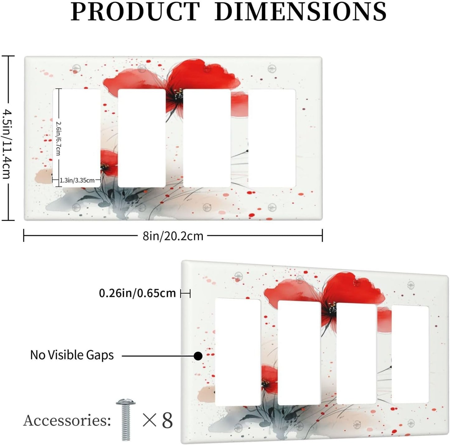 Vintage Watercolor Red Flowers Floral Wallplates 4 Gang Quad Rocker Decorative Light Switch Covers Electrical GFCI Faceplate Switch Plate for Bedroom Bathroom Decor