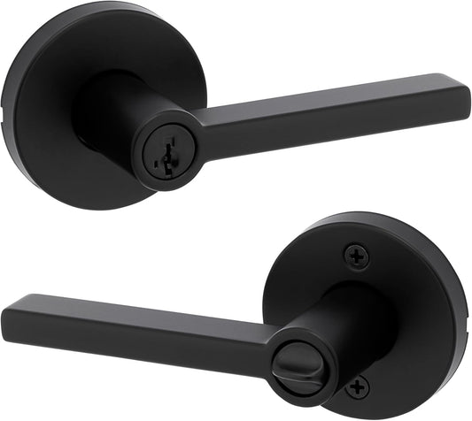 Kwikset Halifax Entry Door Handle with Lock and Key, Secure Round Keyed Reversible Lever Exterior, for Front Entrance and Bedrooms, Matte Black, Pick Resistant Smartkey Rekey Security and Microban