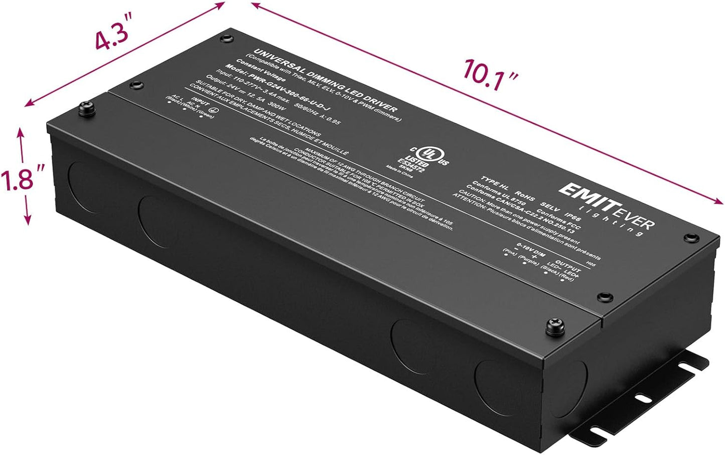 EMITEVER Dimmable Led Driver, 300W AC 110V-277V to DC 24V Transformer, 5-in-1 Dimming: ELV/MLV/TRIAC / 0-10V / 1-10V / 10V PWM/Potentiometer, Waterproof IP67 and UL Listed