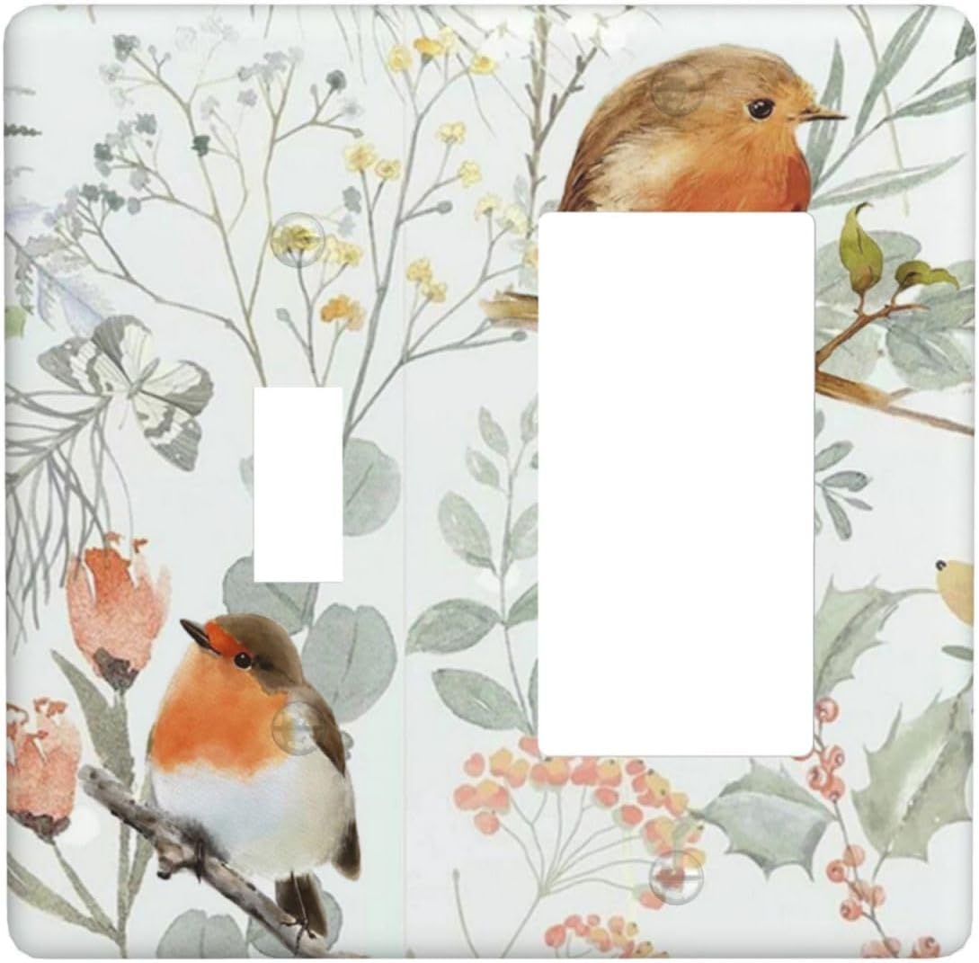 Outlet Covers Red Floral Berries Colorful Bird Plant 1 Toggle 1 Rocker Combination Decorative Wall Plate Electrical Switch Plates Light Switch Cover Plate For Bed Room Living Room Decor