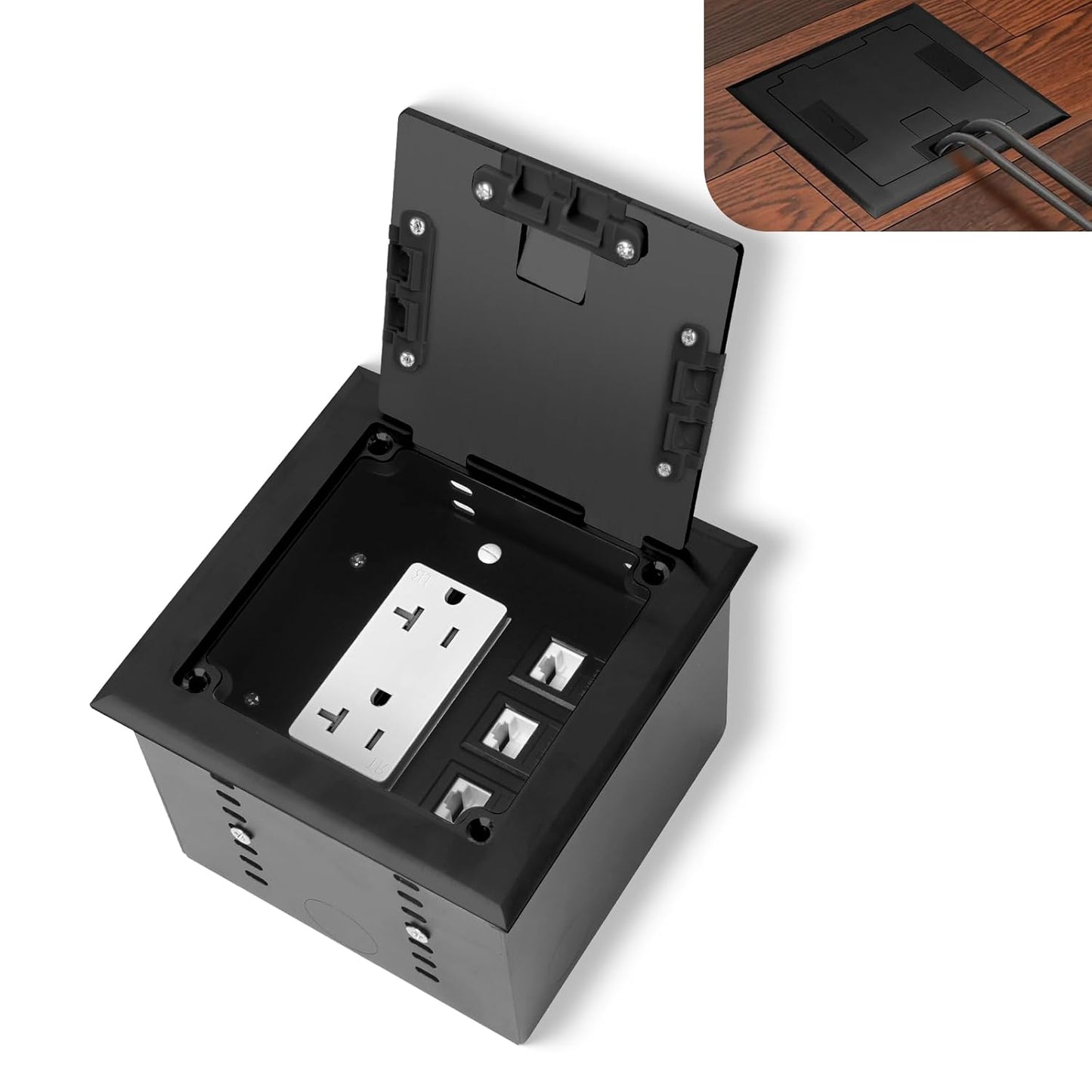 KYHSHJ Recessed Flat Hidden Socket Kit with 20 Amp Stainless Steel TR Receptacle Outlet Stainless+3-Port RJ45 Datacom Receptacle.Internal Height Adjustable，Corrosive Resistant Hardware，Black