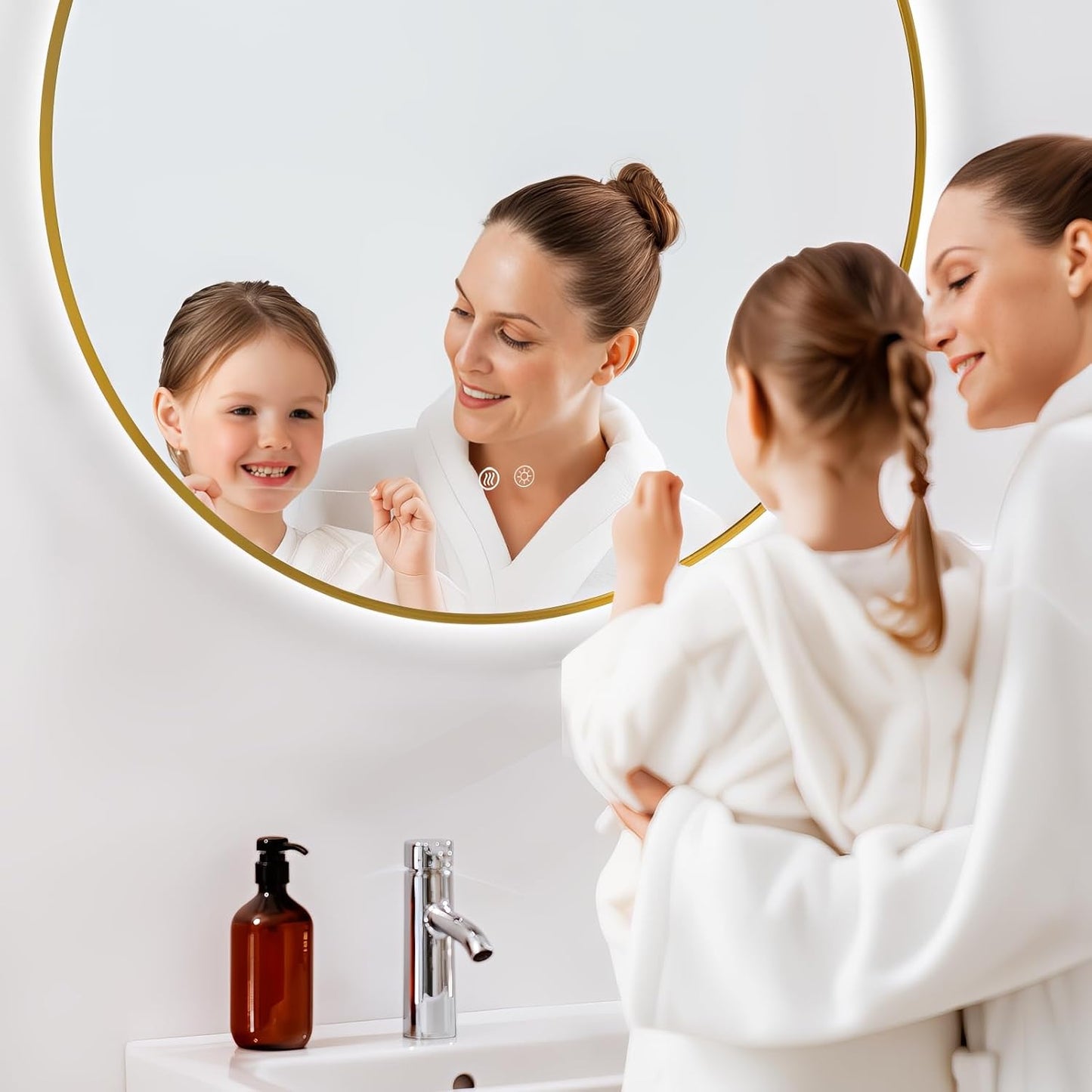 Niccy Round Led Mirror for Bathroom, 40" Backlit Mirrors for Wall Circle Lighted Mirror with Old Gold Frame Anti-Fog, 3 Colors, HD Glass and IP65 Waterproof
