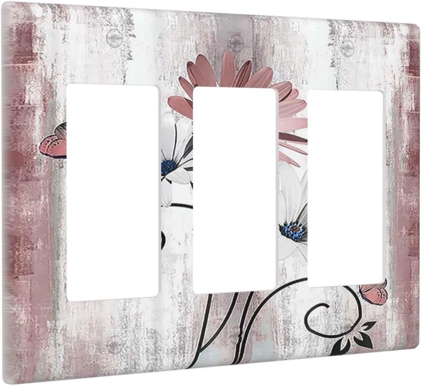 Light Switch Covers Pink White Daisy Butterfly Wood Grain 3 Gang Rocker Electrical GFCI Decorative Triple Outlet Wall Plate Cover Switchplate for Farmhouse Bathroom Decor