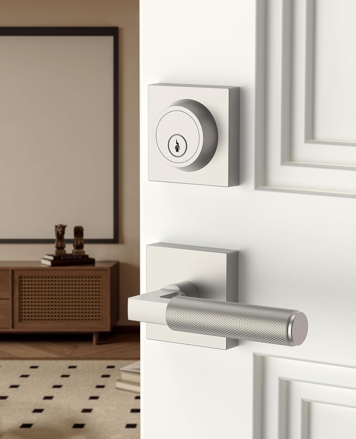 Asidrama Premium Brushed Satin Nickel Zinc-Alloy Front Door Lock Set: Double Cylinder Deadbolt, Heavy Duty Security Handleset for Left/Right Exterior Doors, Universal Entry Locks (1 Pack)