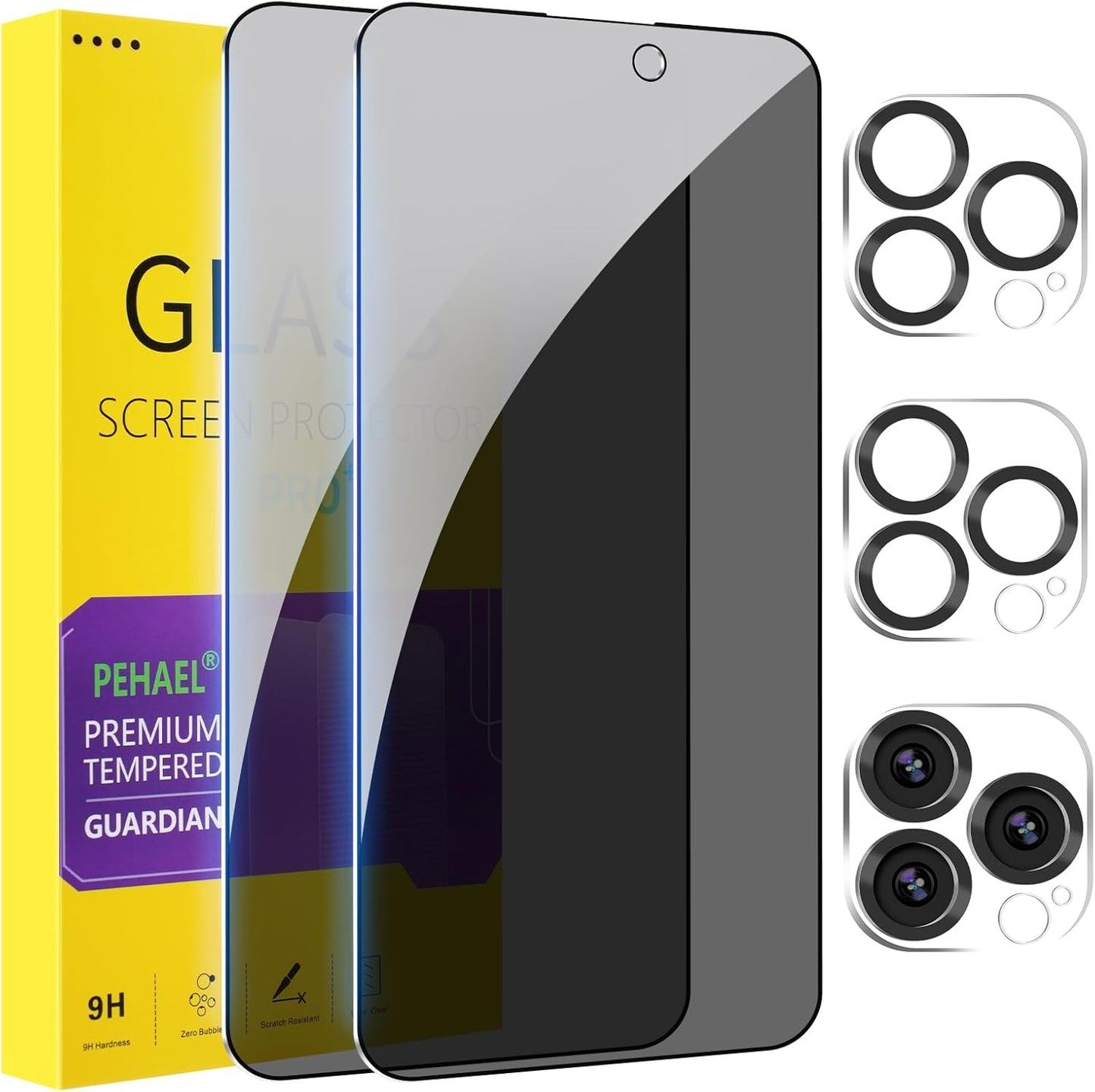 PEHAEL 2+2Pack for iPhone 14 Pro Privacy Screen Protector with Camera Lens Protector Full Coverage Anti-Spy Tempered Glass Film 9H Hardness Easy Installation Bubble Free [6.1 inch]