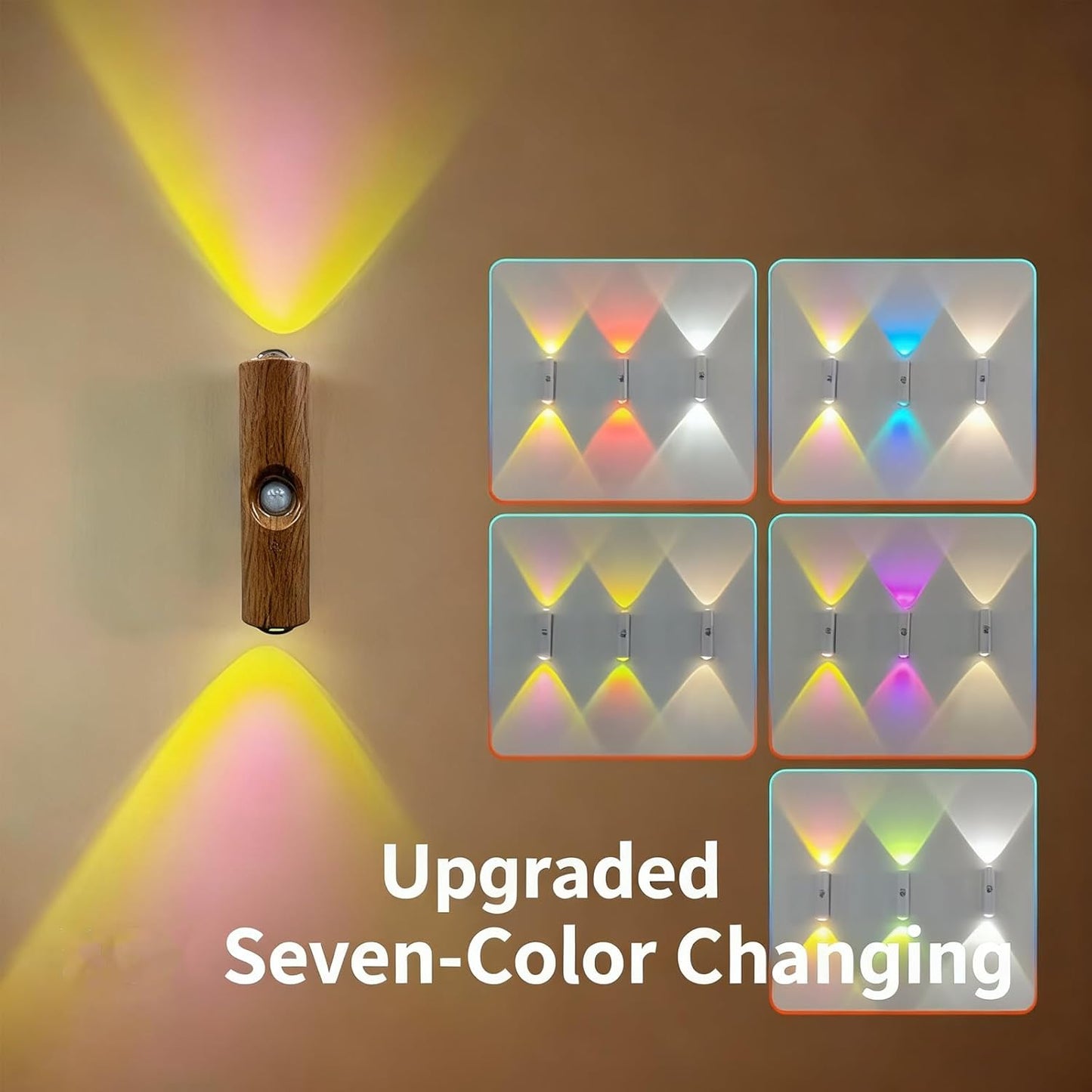Rechargeable Smart LED Motion Sensor Ambient Light, Punch-Free Color Changing Motion Sensor Light for Stairs, Wardrobe, Cabinet (1Pc,Wood, 7-Color Changing)