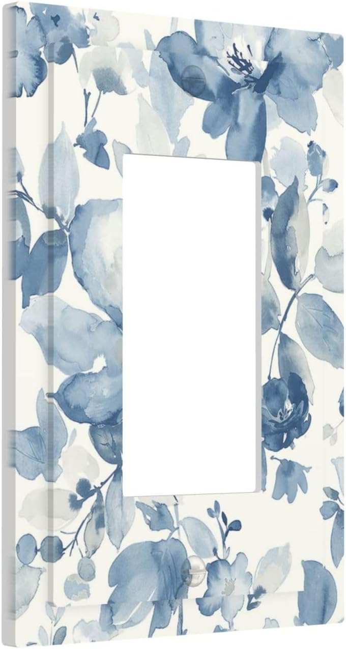 Decorative Outlet Covers Blue Watercolor Floral 1 Gang Single Rocker Light Switch Cover Plate Wall Plates GFCI Faceplate for Bedroom Bathroom Decor