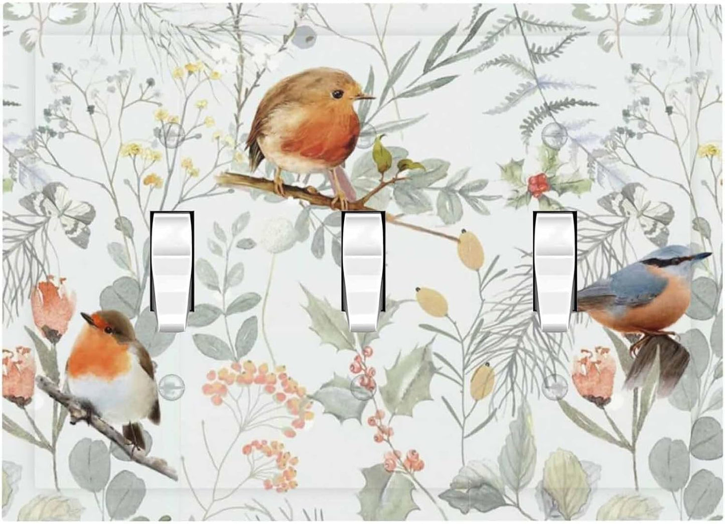 Decorative Switch Plates Red Floral Berries Colorful Bird Plant 3 Gang Wall Plate Triple Toggle Light Switch Cover Faceplate Electrical Wall Panels For Bed Room Living Room Decor