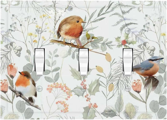 Decorative Switch Plates Red Floral Berries Colorful Bird Plant 3 Gang Wall Plate Triple Toggle Light Switch Cover Faceplate Electrical Wall Panels For Bed Room Living Room Decor