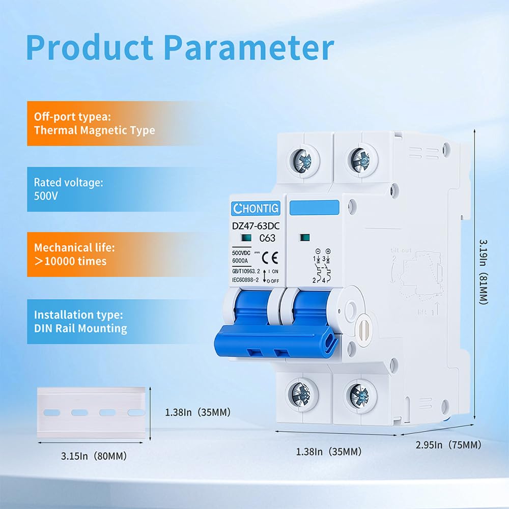 63 Amp Miniature DC Circuit Breaker 500V 2 Pole, Solar PV Disconnect Switch with Thermal Magnetic Trip, DIN Rail Mount Isolator C63