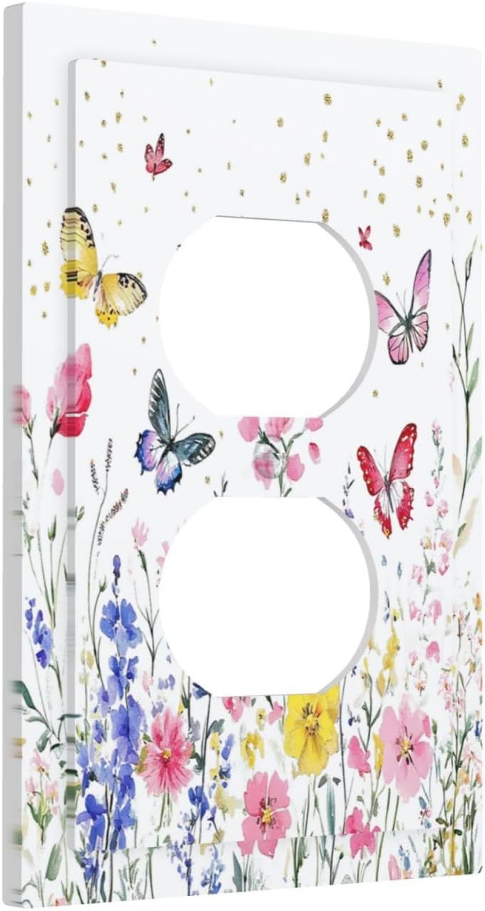Outlet Covers Watercolor Floral Butterfly Colorful Wildflower 1 Gang Duplex Light Switch Cover Decorative Switch Plates Electrical Receptacle Faceplate Wall Plate For Bed Room Living Room