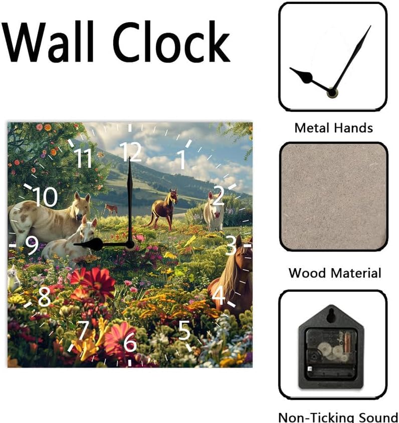 10 in Garden Cats and Horses -266 Wood Wall Clock – Digital Time Display, Smart Home Compatible for Bedside or Workspace