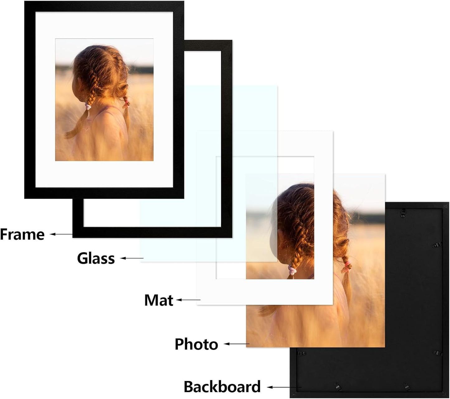 Golden State Art, 11x14 Picture Frame with Mat for 8x10 - High Definition Glass Wall Mounting Horizontal Vertical Display (Black, 1 Pack)