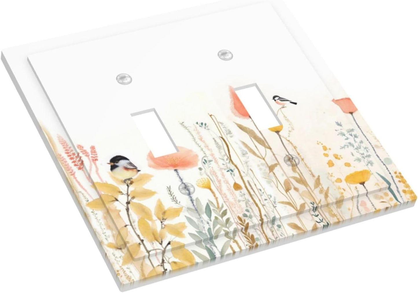 Decorative Switch Plates Colorful Floral Watercolour Cuddly Bird 2 Gang Double Toggle Outlet Light Switch Cover Wall Plate Electrical Faceplate For Bed Room Living Room Decor