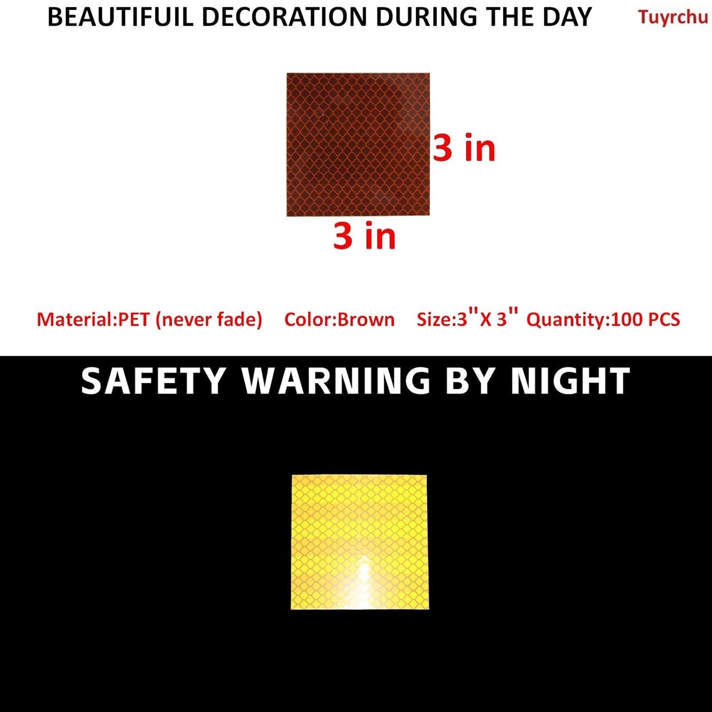 Non Fading Brown Reflective Stickers 3 inch X 3 inch, Outdoor Waterproof High Visibility Warning Safety Adhesive Reflector Tape (100 Pcs)
