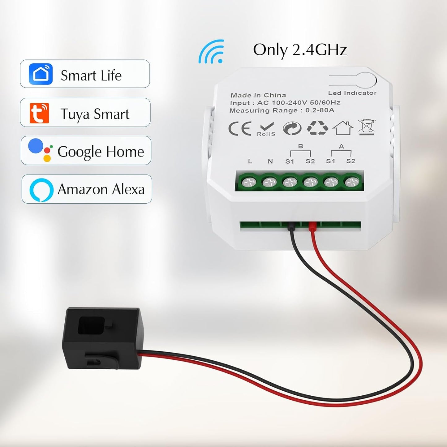 eMylo 1-Channel WiFi Power Meter 80A Smart Energy Monitor, Clamp-on Ammeter, 2.4GHz WiFi, Real-time Monitoring, Smart Life/TUYA APP, Home Power Monitor, Compatible with Alexa and Google Assistant