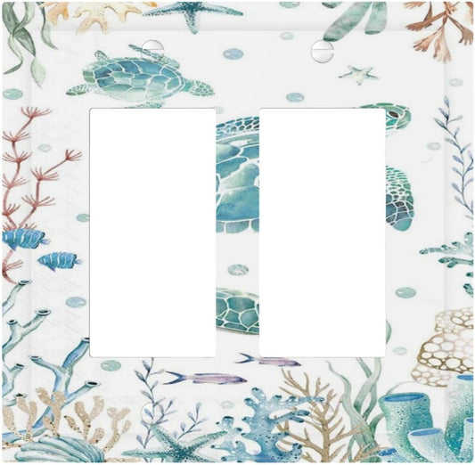 Sea Turtle Ocean Starfish Fish Coral Pearl Decorative Outlet Covers 2 Gang Double GFCI Rocker Electrical Wall Panels Light Switch Cover Plate for Bathroom Kids Room Decor