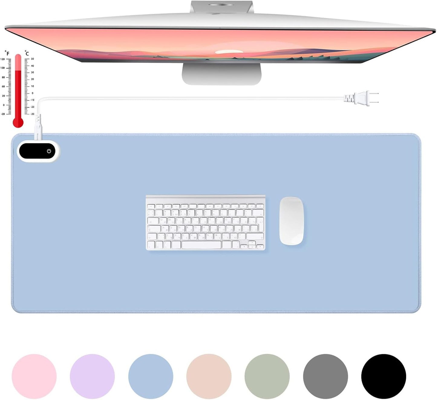 Konohan Heated Large Desk Mat PU Leather Warm Mouse Pad with 5 Heating Level & 4 Hour Auto Shut-Off Heating Keyboard Pad Warmer Gaming Mice Mat Only Supports 110v(Gray-Blue Color,31.5" X 13")