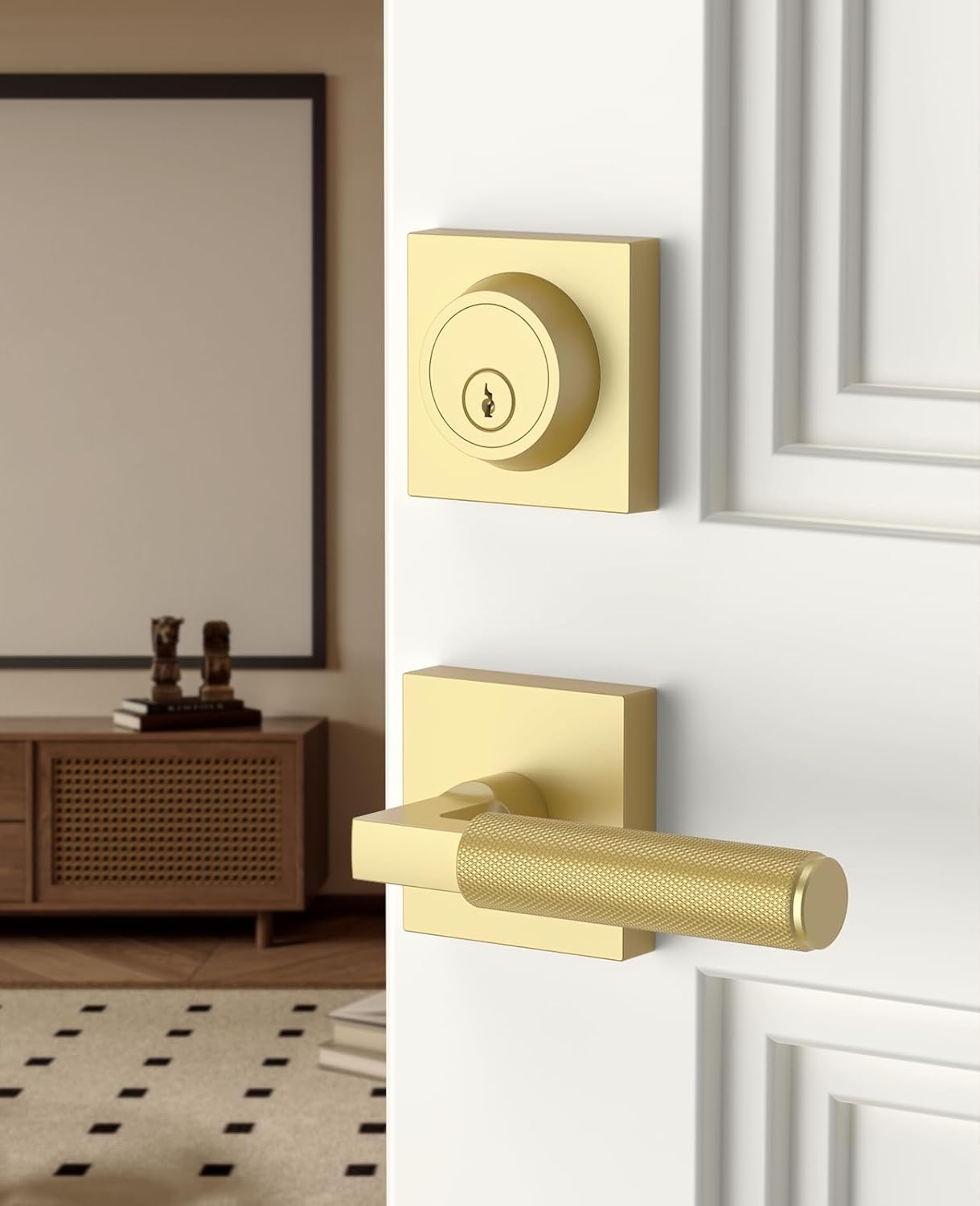 Asidrama Premium Gold Zinc-Alloy Front Door Lock Set: Double Cylinder Deadbolt, Heavy Duty Security Handleset for Left/Right Exterior Doors, Universal Entry Locks (4 Pack)