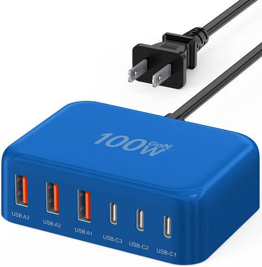 USB C Fast Charger, 100W GaN 6 Port Type C Charging Station Hub Block Cube, USB C Wall Charger Power Strip Adapter Plug for iPad iPhone 17 16 15 14 13 12 Pro Max Pixel Note Galaxy, 5ft Cord
