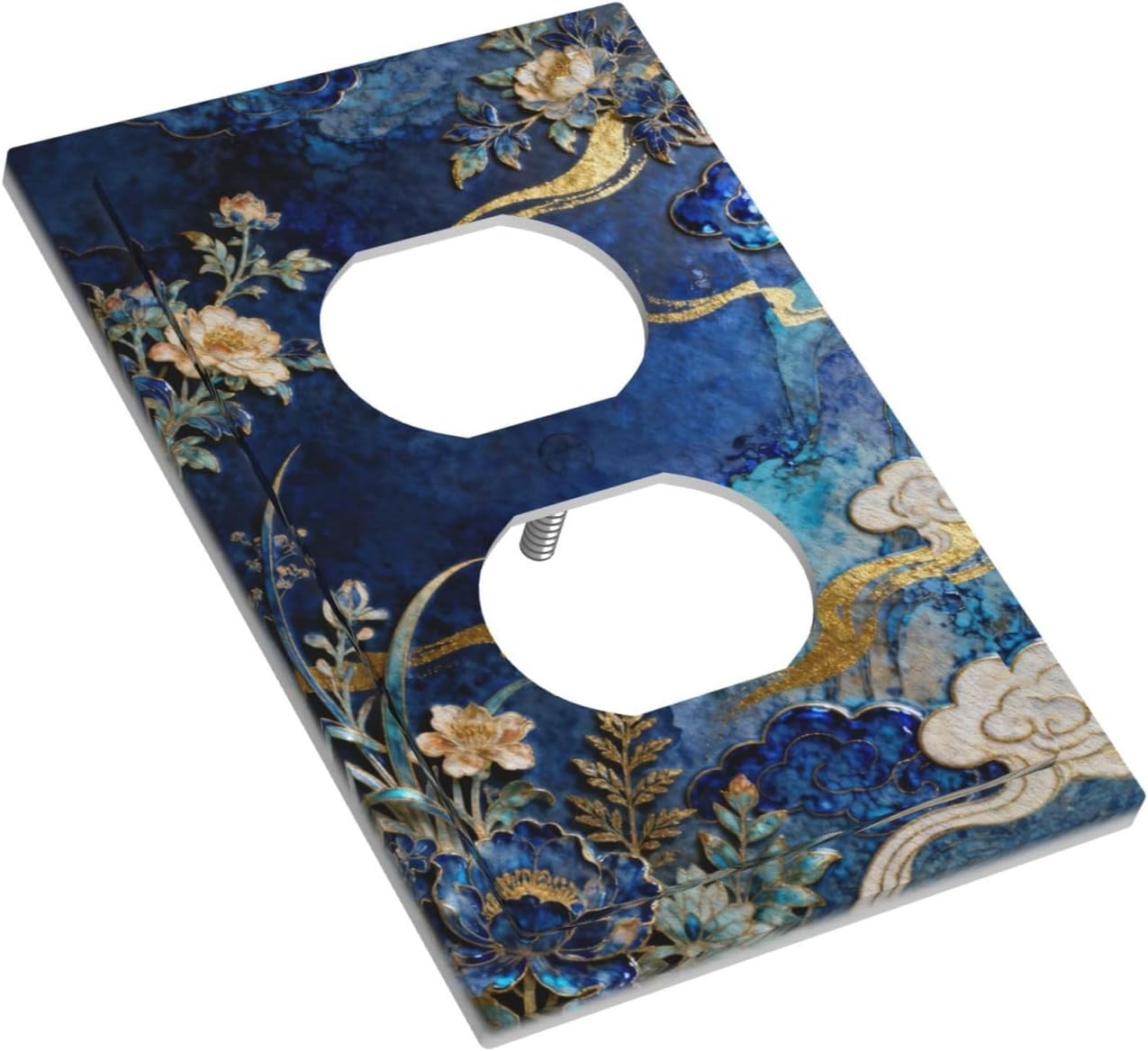 Decorative Outlet Covers Blue White Flower Gold Line Cloud 1 Gang Duplex Light Switch Cover Plate Unique Wall Plates for Electrical Outlets Switch Plate Covers for Bedroom Home Decor
