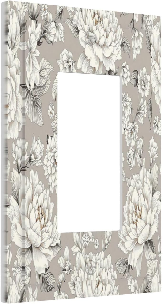 White Poppies Floral Modern Grey Peonies Flowers Decorative Outlet Covers 1 Gang Single Rocker Light Switch Cover Plate Wall Plates GFCI Faceplate for Bedroom Bathroom Decor