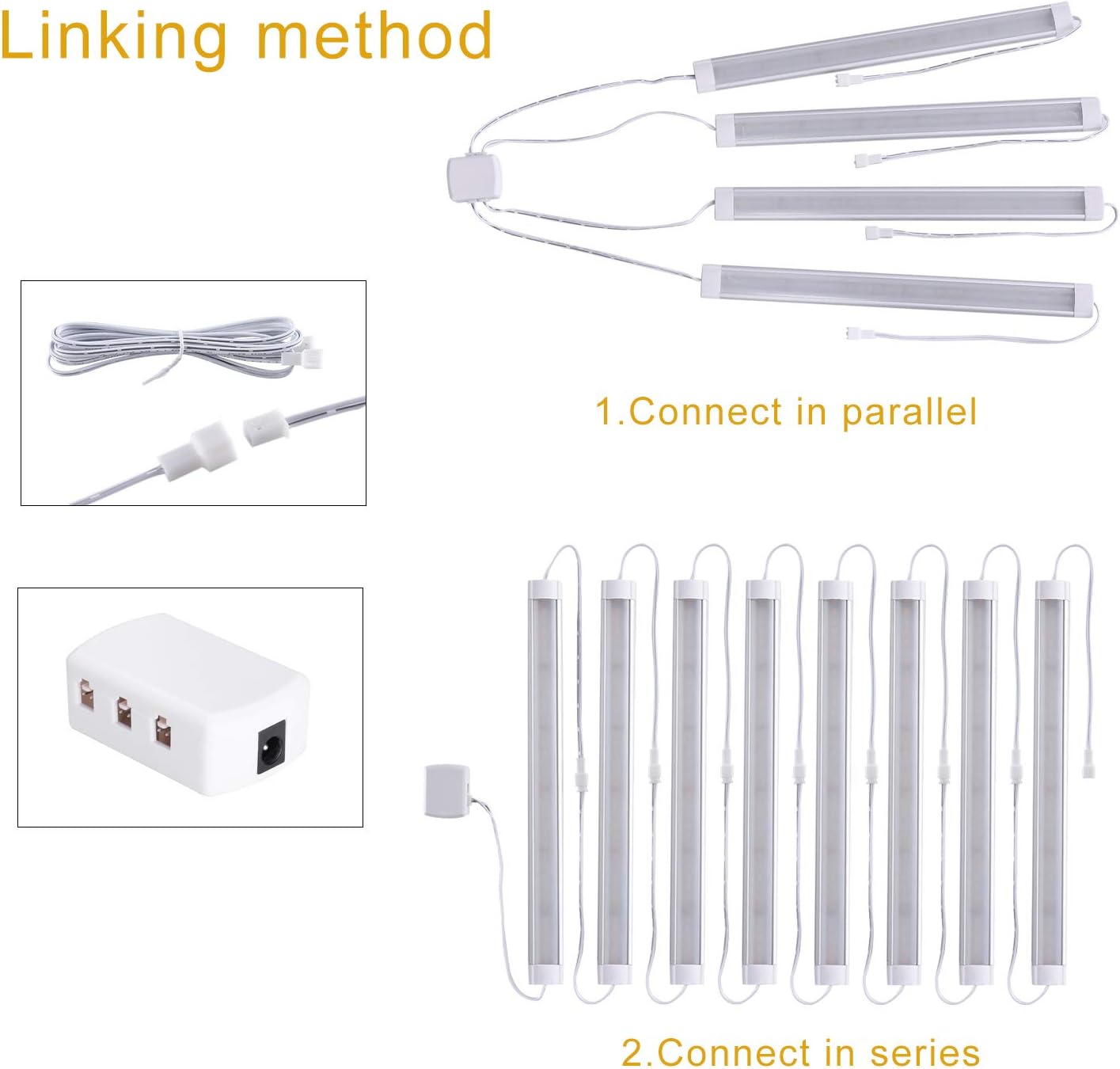LABOREDUCER Under Cabinet Lighting Wired Plug in or Hardwired Warm White 2700K,8 Pack 11inch Linkable Dimmable LED Under Cabinet Lights with Power Adapter,24V Under Counter Lights for Kitchen