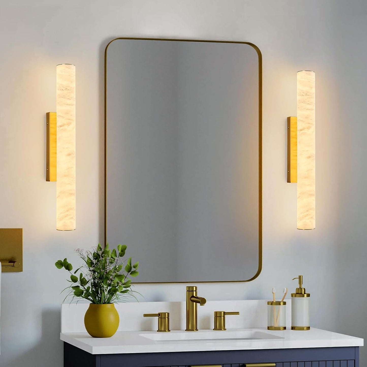 LMQNINE Natural Alabaster Wall Sconces Set of Two Spanish Marble Wall Light Cylinder Modern Gold LED Sconce for Living Room Bedroom Bathroo Stairs（M-2Pack）
