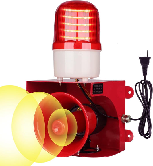AC110V Industrial Siren Alarm Strobe Light-120dB Loud Horn&Red Beacon Warning Light,Waterproof Indoor/Outdoor Safety Alarm for Emergency,Factory,Office,Fires,Tornado,Intruders,Animal Deterrent