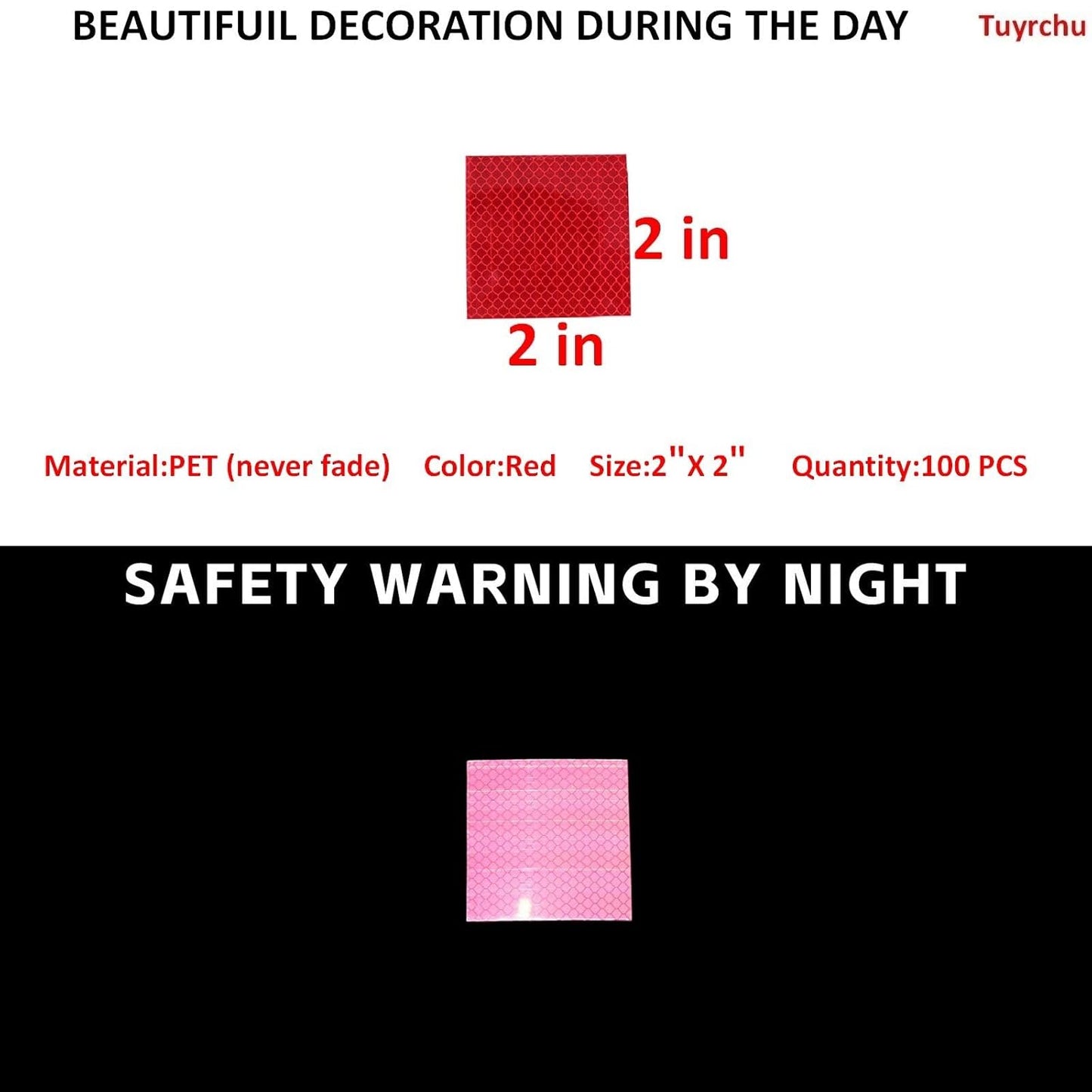 Non Fading Red Reflective Stickers 2 inch X 2 inch, Outdoor Waterproof High Visibility Warning Safety Adhesive Reflector Tape (100 Pcs)