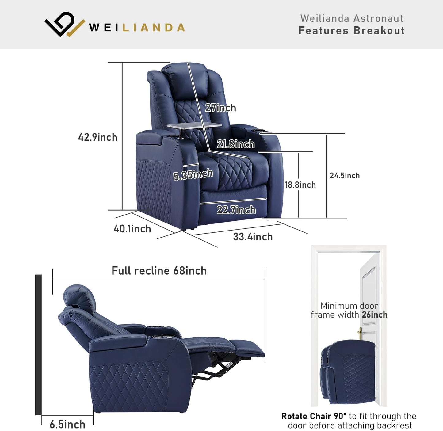Weilianda Home Theater Seating Top Grain Leather Zero Gravity Recliner Chair Power Headrest Recline Movie Seat Gaming 7 Colors Mood Light Sofa with Tray Table USB Charge Row of 1 Blue