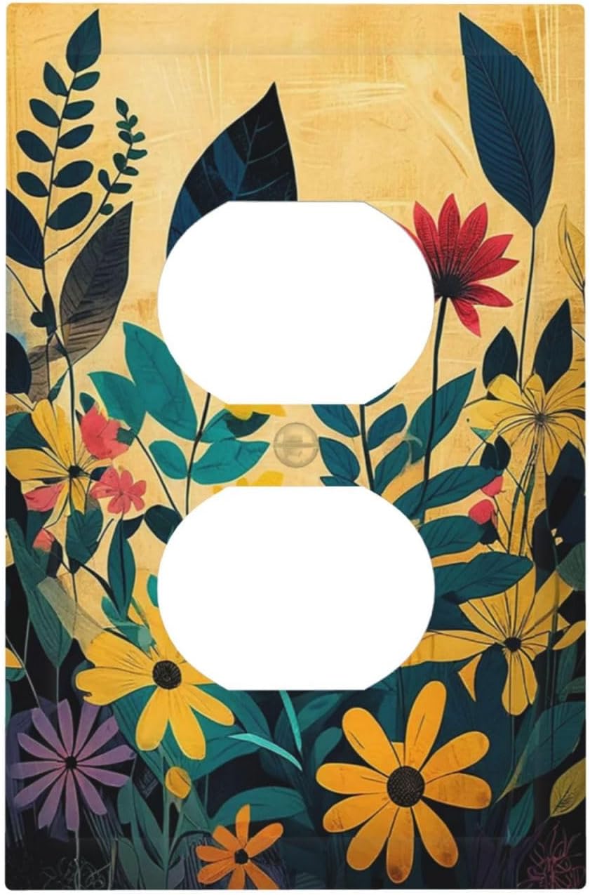 Abstract Minimalist Floral Botanical Boho Flower 1 Gang Duplex Receptacle Switch Wall Plate Decorative Switchplate Outlet Covers Electrical Plug Cover Faceplate for Bathroom Home Decor 5 X 3 IN
