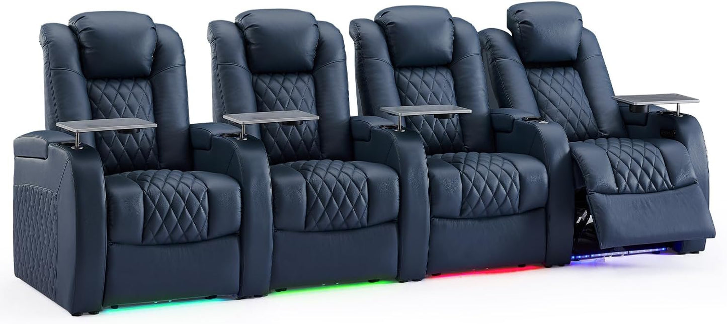 Weilianda Home Theater Seating Top Grain Leather Zero Gravity Recliner Chair Power Headrest Recline Movie Seat Gaming 7 Colors Mood Light Sofa with Tray Table USB Charge Row of 4 Blue