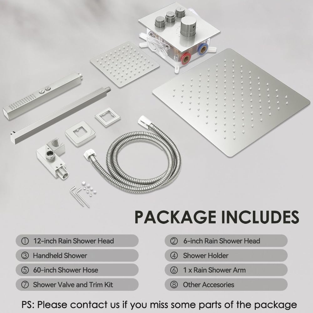 Thermostatic Shower System Brushed Nickel, STARBATH Shower Faucets Sets 12+ 6" Wall Mount Rain Shower and 2 in 1 Handhled, Can Use All at Once, Push Button 3 Modes Valve Complete Shower Set