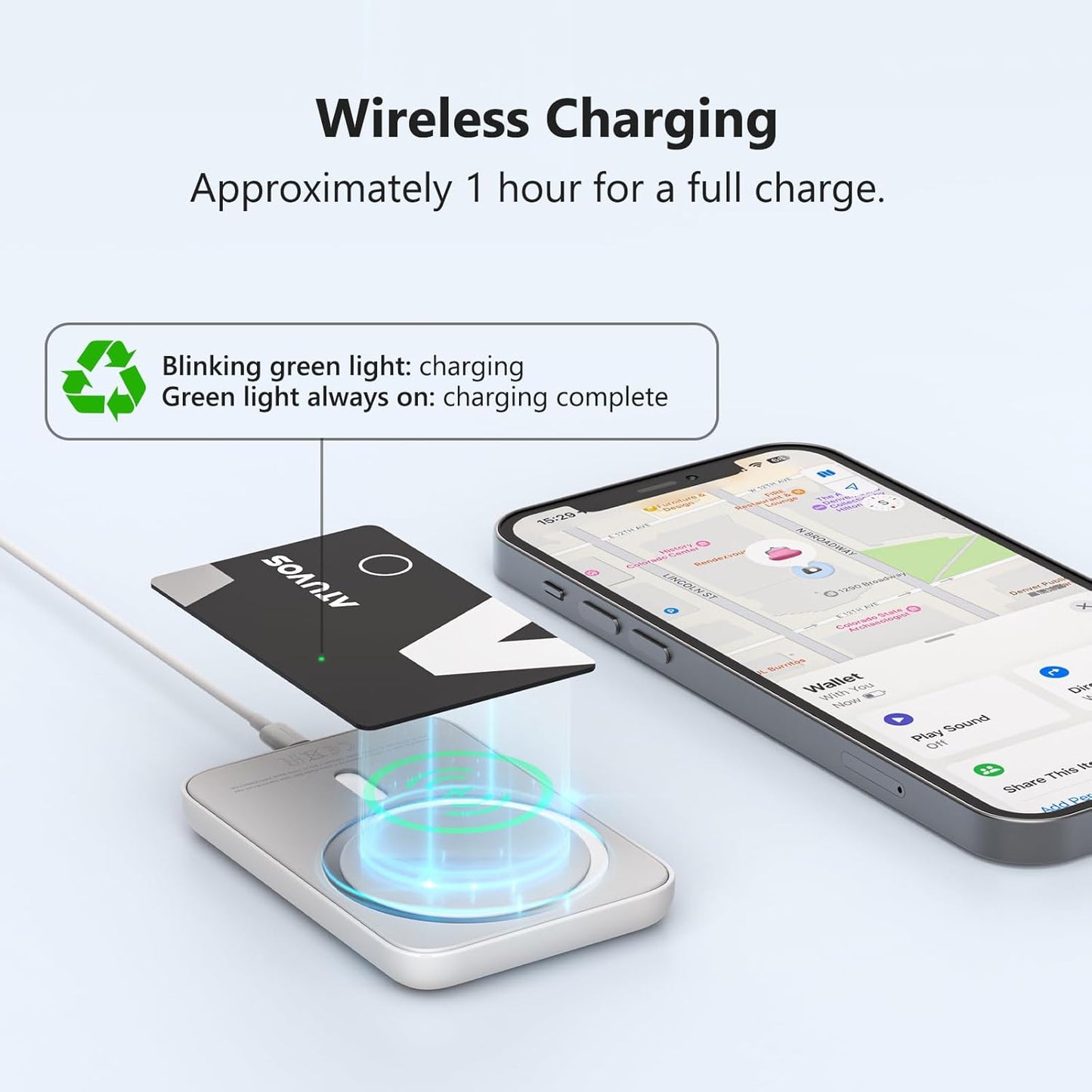 ATUVOS Rechargeable Wallet Tracker Card, Slim 1.6mm Smart Air Tag Card Works with Apple Find My (iOS Only), Bleuooth Item Locator for Purse/Luggage/Bags/Passpoart, IP67 Waterproof, Wireless Charging