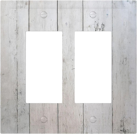 Rustic White Grey Wood Grain Decorative Outlet Covers 2 Gang Double GFCI Rocker Light Switch Cover Plate Electrical Wall Panels for Bedroom Bathroom Decor