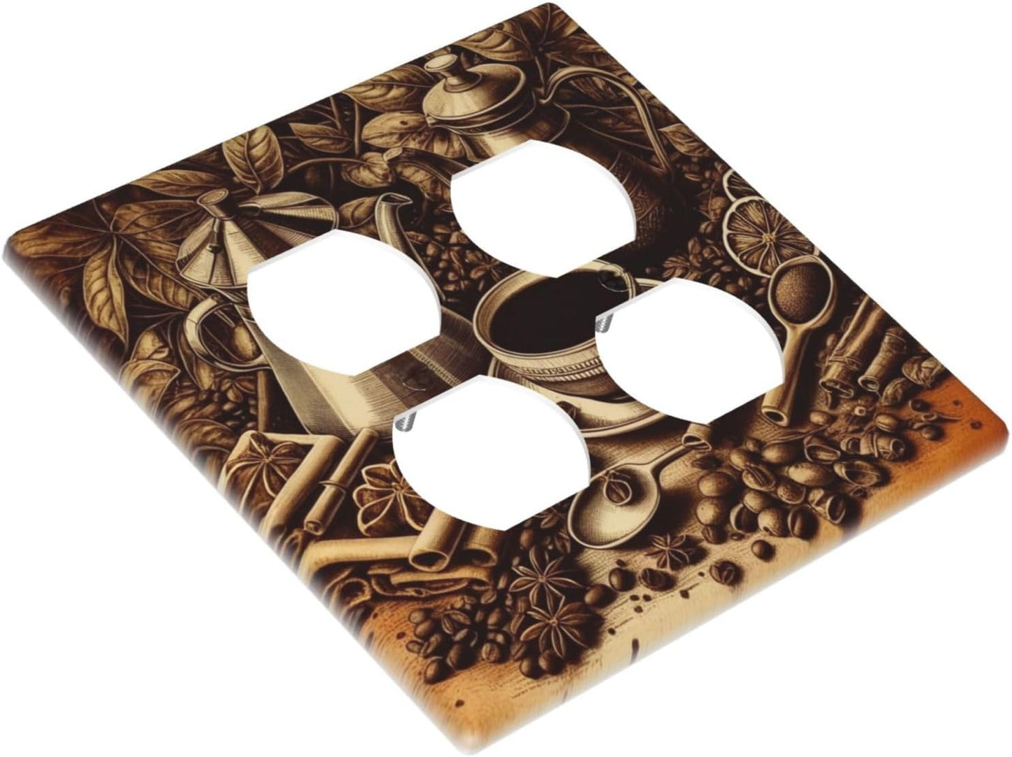 Decorative Outlet Covers Vintage Coffee Beans Leaf Cup 2 Gang Wall Plate Cover Double Duplex Receptacle Two Switch Light Switch Cover Plate Jumbo Dual Faceplate