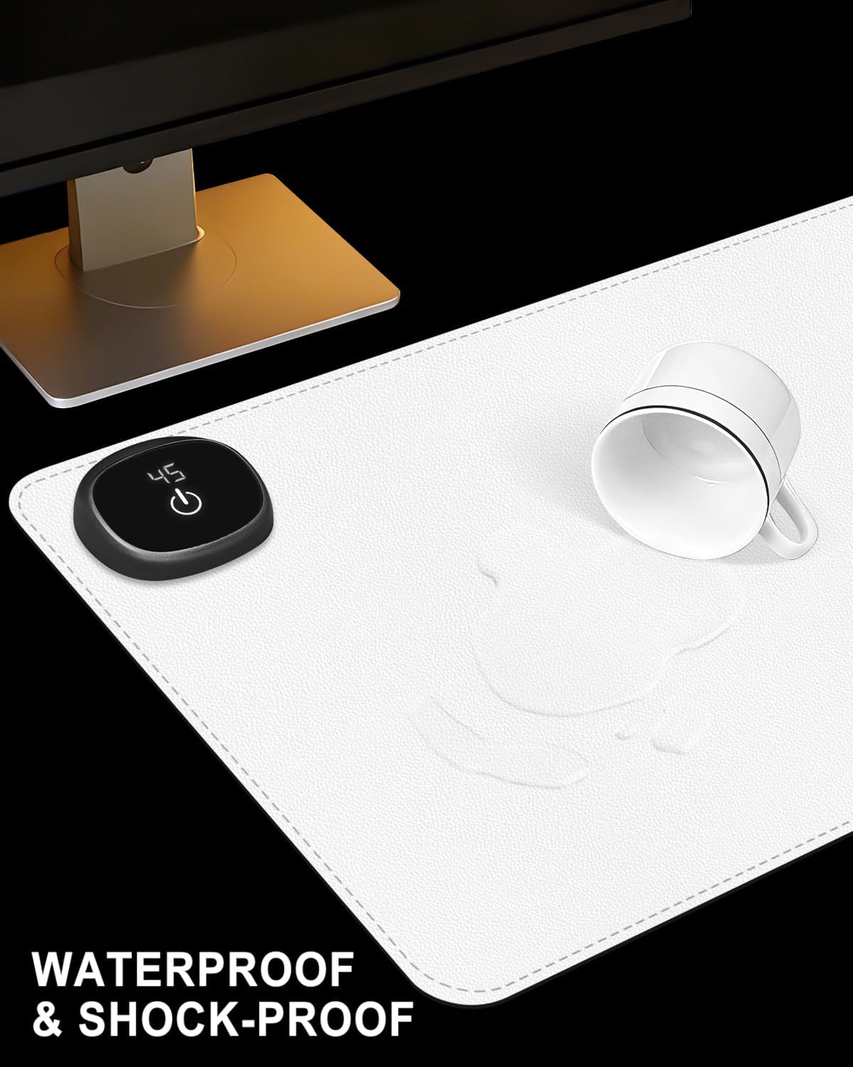 Heated Desk Pad, 23.6" x 14.2" Leather Non-Slip Warm Desk Pad, Large Mouse Mat with 3 Levels Heating & 3 Hours Auto Shut-Off, Hand and Foot Warmer for Office, Home, White