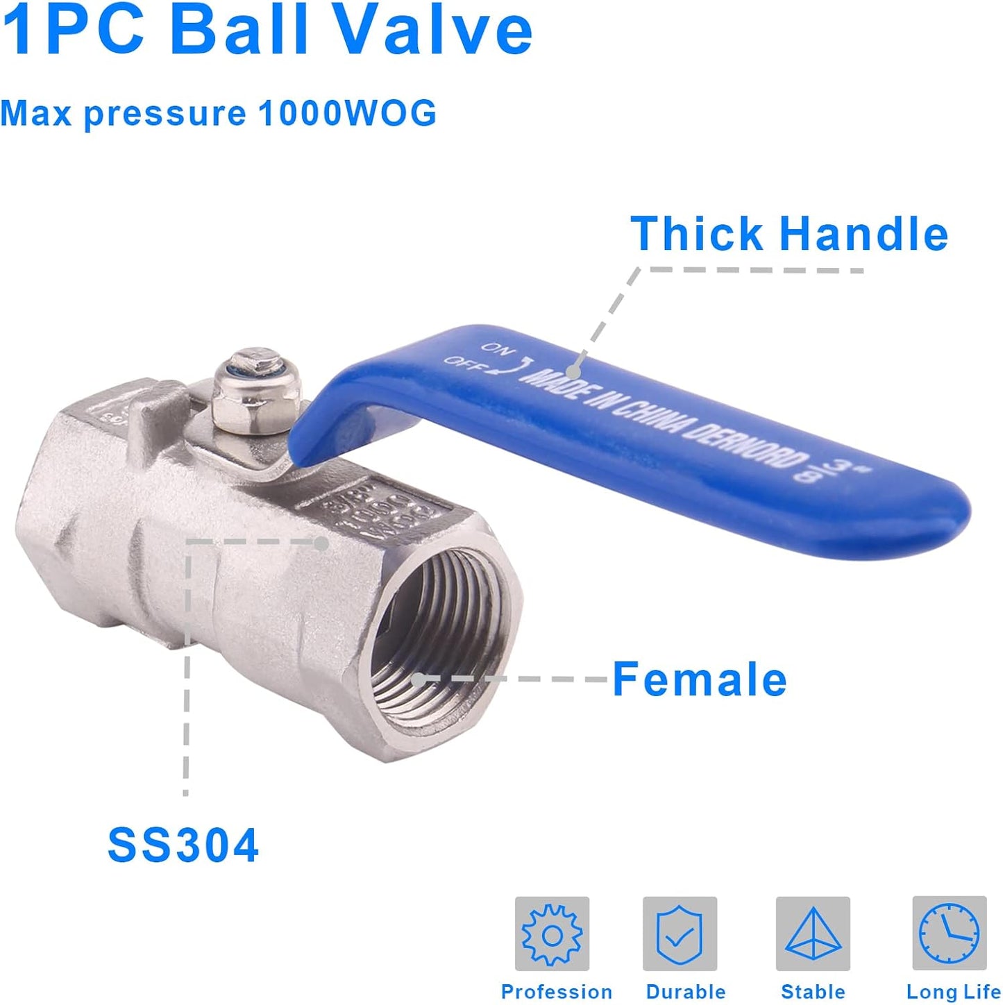 DERNORD Stainless Steel Ball Valve 1PC Type 3/8 Inch NPT Standard Port for Water, Oil, and Gas (Pack of 2)
