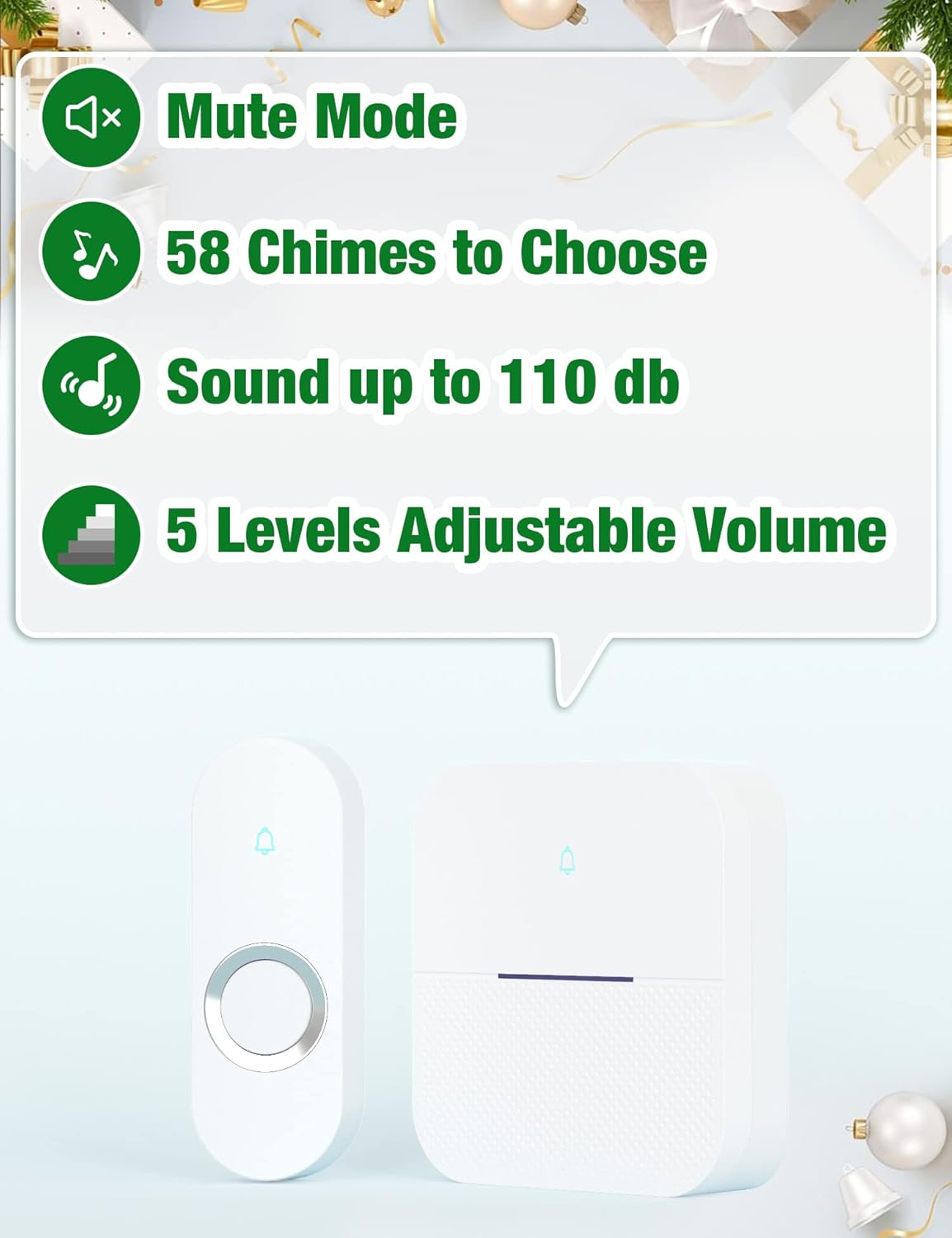 AIDA Lighted Wireless Doorbell for Home, Waterproof Battery Doorbell 1,000ft Range, 5 Volume Levels with 58 Doorbell Chimes & LED Flash (White, Doorbell with 1 Button & 1 Receiver)