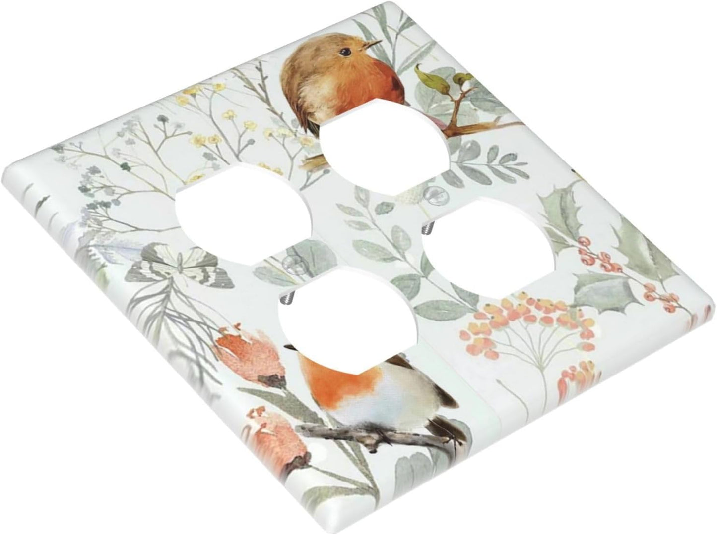 Outlet Covers Red Floral Berries Colorful Bird Plant 2 Gang Double Duplex Decorative Light Switch Covers Electrical Wallplates Socket Faceplate For Bed Room Living Room Decor