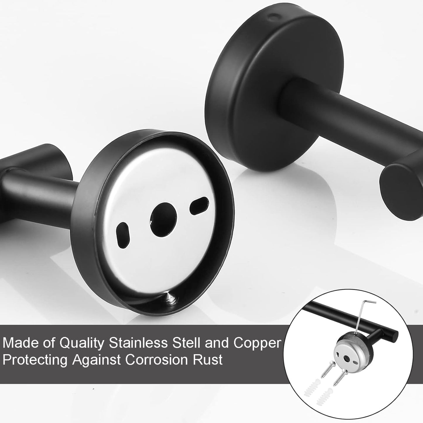 Bathroom Hardware Set Matte Black, 10 Pieces Bathroom Accessories Set Includes Includes 2 Packs 24 Inch Towel Bar, Towel Ring, Toilet Holder and 4 Packs Towel Hooks