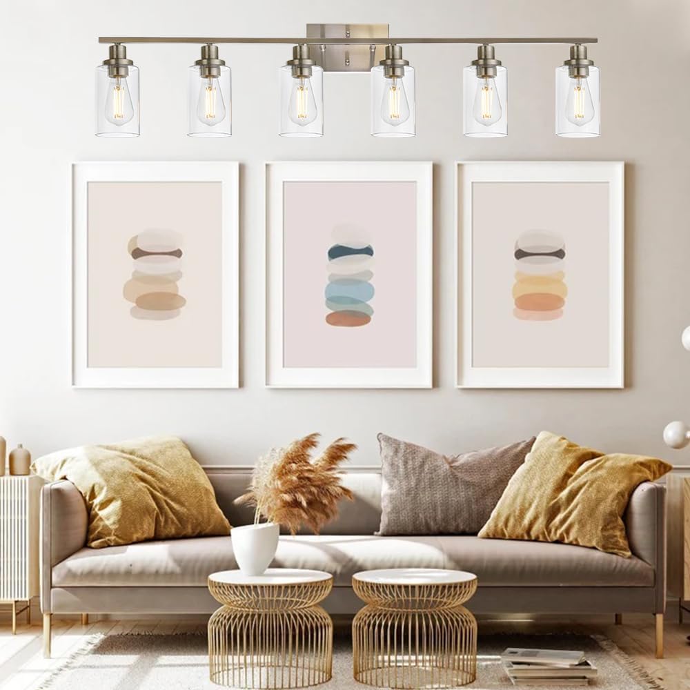 MELUCEE Modern Bathroom Vanity Light Fixtures 6-Light Brushed Nickel Contemporary Wall Light with Glass Shade for Kitchen Living Room Bedroom (Patent No.: US D963914 S)