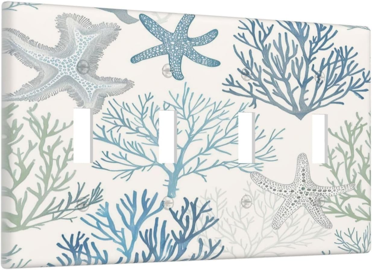 Light Switch Covers Ocean Beach Theme Starfish Seashell Coral Quad Toggle Electrical Faceplate 4 Gang Wall Plate Decorative Switch Plates For Bathroom Kids Room Decor