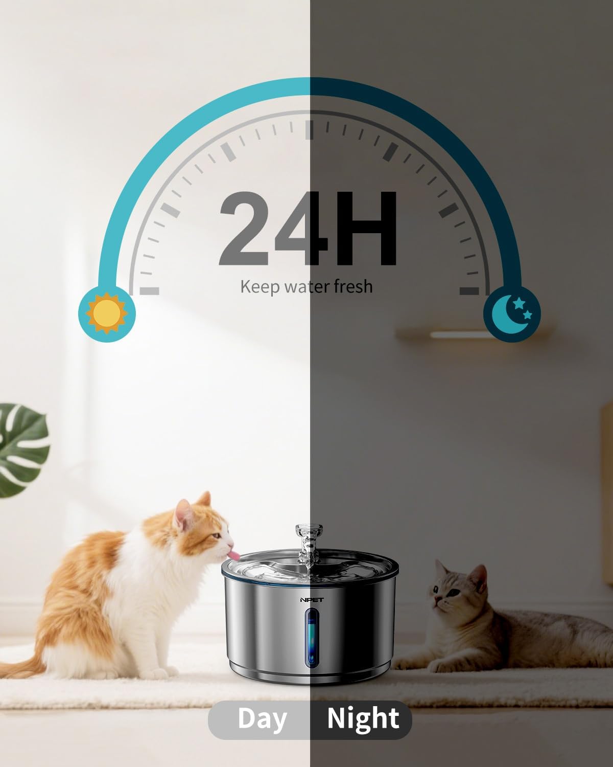 NPET Stainless Steel Cat Water Fountain, 1Gallon/135oz Automatic Pet Drinking Fountain Dog Water Dispenser with 4 Replacement Filters for Cats Indoor