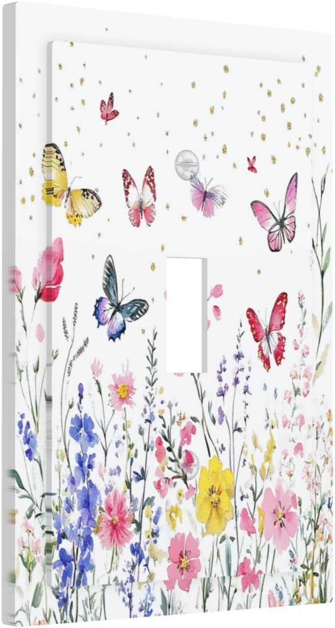 Decorative Light Switch Cover Watercolor Floral Butterfly Colorful Wildflower 1 Gang Single Toggle Device Electrical Faceplate Switchplates Decorator Outlet Wall Plate For Bed Room Decor